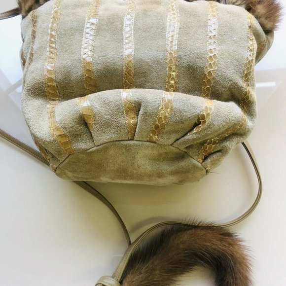 Green leather cross-body with mink & snake trim - Picture 5 of 6